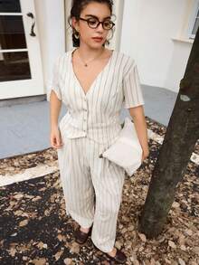 SHEIN Frenchy Plus Size Spring/Summer Casual Minimalist Versatile Striped 2 Pieces Suit Set, Women Blazer + Pants In Fall/Winter