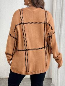 Elenzga Plus Size Women Plaid Round Neck Drop Shoulder Long Sleeve Casual Loose Pullover Sweater, Autumn/Winter - Orange - View 2
