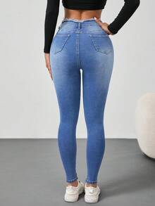SHEIN Tall 女款休閒修身高彈力藍色牛仔褲 - 淺色水洗藍 - 查看 3