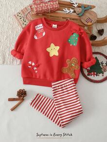 Cozy Pixies Bộ 2 quần legging kẻ sọc cổ tròn in hình cây thông Noel và người bánh gừng cho bé gái - Đỏ - Xem 4