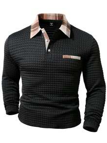 Calvornis Men's Casual Everyday Plaid Patchwork Long Sleeve Polo Shirt, Autumn Polo Shirt For Men - Black - View 2