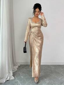 Rafferiza 女式优雅派对性感深V领天鹅绒金属装饰修身高开衩连衣裙 - 香檳色 - 查看 6