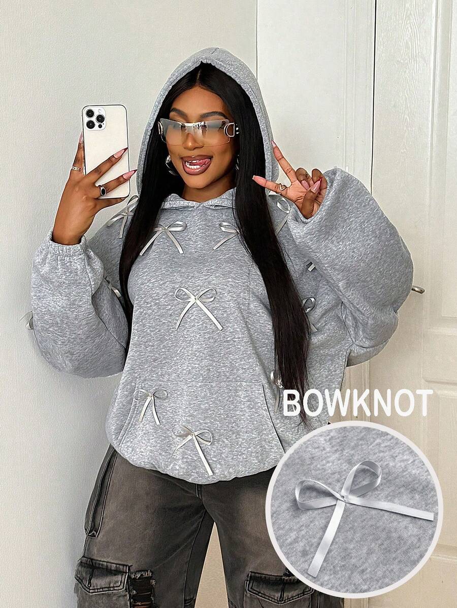 Maweii Plus Size Women Butterfly Decor Drop Shoulder Long Sleeve Loose Sweatshirt - Grey - View 1
