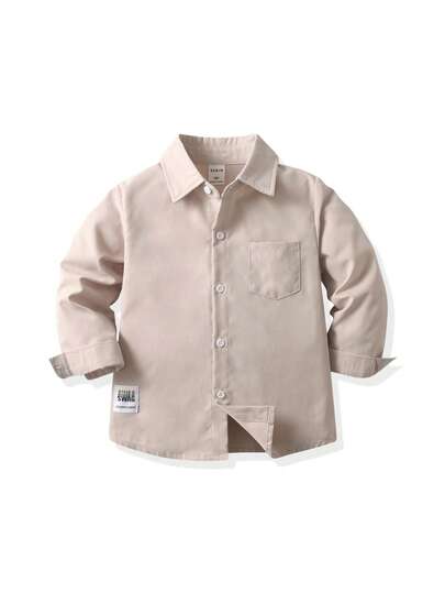 SHEIN 小男孩休闲纯色长袖衬衫，精致小标志装饰，搭配休闲裤，适合日常休闲穿着、旅行、聚会、度假和上学，适合春秋季节的百搭衬衫。