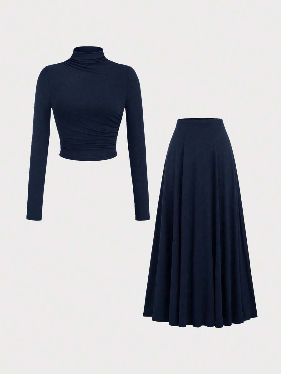 Franclia Women's Elegant Long Sleeve Knit 2 Pieces Set, Autumn/Winter - Navy Blue - View 1