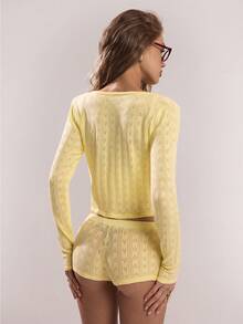 SHEIN BAE 2 Pieces Set,Women's Casual Pale Yellow Cute Lounge Knit Top And Low Waist Shorts,Autumn Fall Clothes For Women,Solid Color Fashion Sweaters Cardigans - Yellow - View 2