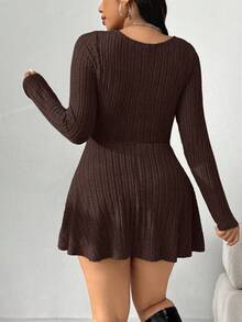 SHEIN EZwear Bộ đồ liền thân thường ngày cổ vuông dài tay có gân cỡ lớn màu nâu gỉ dành cho nữ - Rỉ Nâu - Xem 2