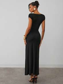 Hauture Abito midi casual e dimesso con scollo a barca, plissettato, senza maniche, con ornamento dorato - nero - Visualizzare 6