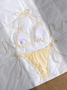 Swim Mod 2件套女士纯色花卉图案挂脖系带三角罩杯比基尼，带蝴蝶结装饰和侧系带泳裤，时尚泳装 - 淡黃色 - 查看 7