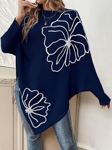 SHEIN LUNE 女士秋冬时尚3D花卉装饰蝙蝠袖毛衣 - 藍色 - 查看 5