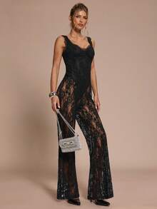 SHEIN BAE Elegante tuta nera in velluto e pizzo trasparente e sexy, adatta per cocktail festa, uscite serali, appuntamenti quotidiani, discoteche, raduni, feste, vacanze - nero - Visualizzare 4