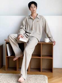 DAZY Men's Autumn Letter Embroidered Shirt And Striped Apricot Loungewear Set, Fall & Winter Clothes