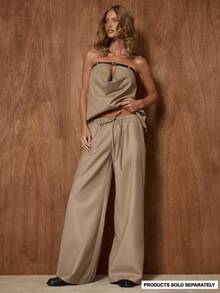 MUSERA 阔腿松紧腰带长裤，可爱约会之夜外出秋季夜生活工作清爽派对夏季休闲装 - 卡其色 - 查看 1