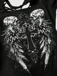 ROMWE Grunge Punk Y2K Punk Skeleton Wing Print Hollow Back Burnout Slim Fit Solid Color Versatile T-Shirt - Black - View 3