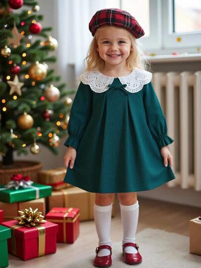 Souflis Souflis 2025 Autumn/Winter New Elegant Vintage French Style Christmas Green Floral Lace Collar Long Sleeve Dress, Suitable For Outings, School, Gatherings, Parties And Other Occasions Dark Green Toddler Dress Collared Baby Girl Dress Green Babygirl Dress Girls Peter Pan Collar Infant Emerald Green Baby Girl Dress