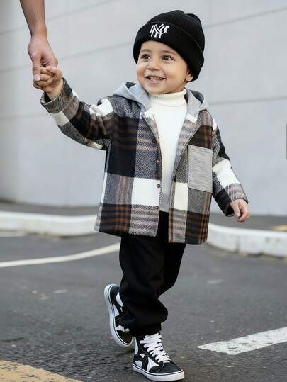SHEIN 儿童男童休闲格子拼接连帽长袖梭织衬衫，适合上学、花园、海滩、生日、所有季节