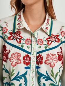 CAJUNI 女式休闲度假花卉印花长袖衬衫上衣，秋季约会装，热带风情，波西米亚风 - 彩色 - 查看 5