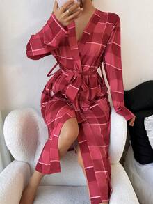 Dream Adore Women's Plaid Print Belted Pocket Long Sleeve Robe, Winter - Red - View 7