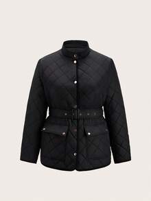 Ellevyn 加大码方形绗缝夹克，黑色，收腰设计，配有搭扣，休闲通勤商务优雅复古绗缝夹克，秋冬外套 - 黑色 - 查看 8