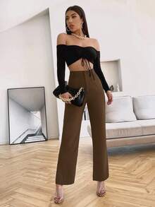 Siren Gaze Solid High Rise Tailored Pants In Fall/Winter Brown Casual - Mocha Brown - View 5