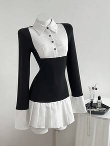 Elamini Váy xếp ly kẻ sọc chắp vá 2 trong 1 dành cho nữ, thanh lịch, cổ điển, đi làm, trở lại trường - Đen và trắng - Xem 4