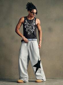 AXEPEAK Men's Knit Loose Star Printed Elastic Waist Casual Pants For Daily Wear, Joggers Casual Straight Leg Urban Sweatpants, For Husband, Boyfriend Gifts, Back To School - Grey - View 7