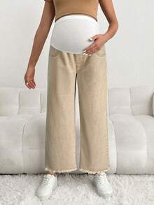 SHEIN Maternity Casual Loose Cropped Jeans With Waistband Patchwork - Apricot - View 3