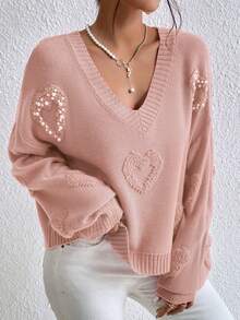 SHEIN LUNE Heart Pattern Drop Shoulder Faux Pearls Beaded Sweater,Long Sleeve Tops Knit Pullover Fall Winter Outfit