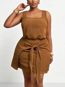 Veslaya Bộ 2 món áo vest và chân váy chữ A màu trơn/tối giản/thanh lịch mới 2025, dành cho nữ cỡ lớn - Cà phê nâu - Xem 5