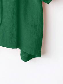 Linhara Plus Size Women's Solid Color Round Neck Lantern Sleeve Pleated Loose Blouse - Dark Green - View 4