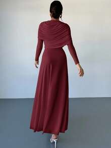 Firerie Elegante vestido maxi ajustado con cuello drapeado, volantes asimétricos en la cintura y color amarillo sólido romántico para mujeres - Burdeos - Ver 4