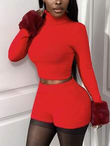 BamGleam Bộ áo và quần short dệt kim mềm mại dành cho nữ, Thu/Đông mới - Đỏ - Xem 3