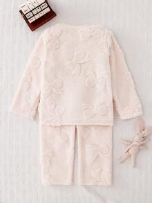 2件套少女可爱简约舒适针织圆领蓬松粉色长袖上衣和裤子睡衣套装带蝴蝶结图案 - 杏色 - 查看 2