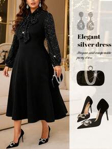 SHEIN Clasi Váy midi tay dài thanh lịch cỡ lớn, 2 trong 1, vải lưới lấp lánh, chắp vá - màu đen - Xem 1