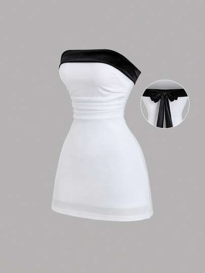 Sweetra Women's New Spring/Autumn Commute & Casual Fashion Elegant Fitted Sexy Velvet Patchwork Contrast Color Bowknot Waist Bandeau Mini Dress