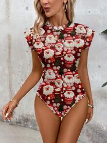 SHEIN LUNE 女士休闲复古优雅保暖打底衫，圣诞老人印花紧身连体衣，荷叶袖设计，适合秋冬季节、圣诞节和新年派对穿着，舒适百搭。 - 彩色 - 查看 3