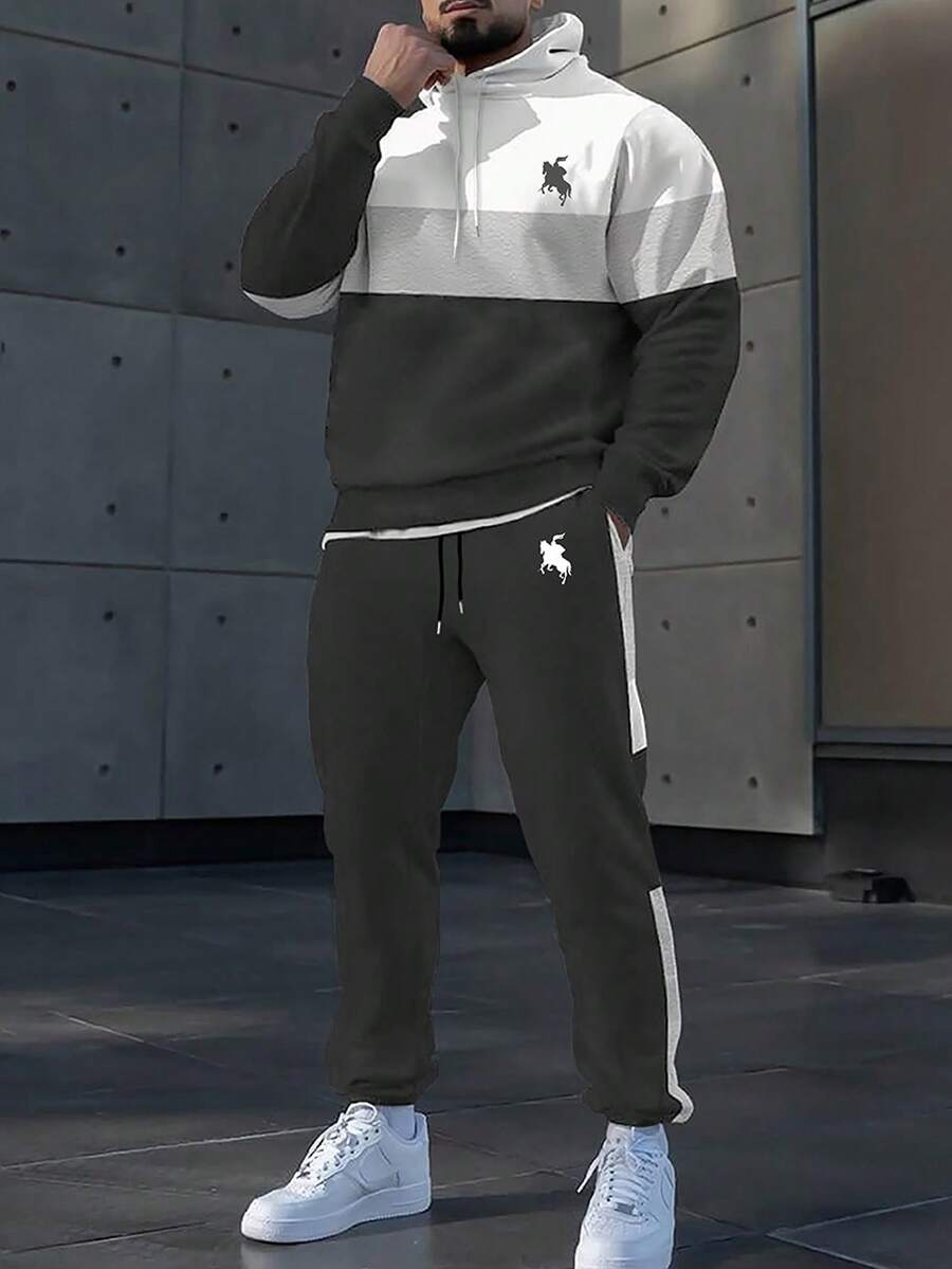 Manfinity Homme Men's Casual Contrast Color Patchwork Hoodie And Sweatpants Set, Autumn/Winter - Multicolor - View 1