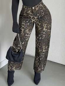 Alexandranx 女式休闲复古豹纹阔腿牛仔裤 - 彩色 - 查看 3