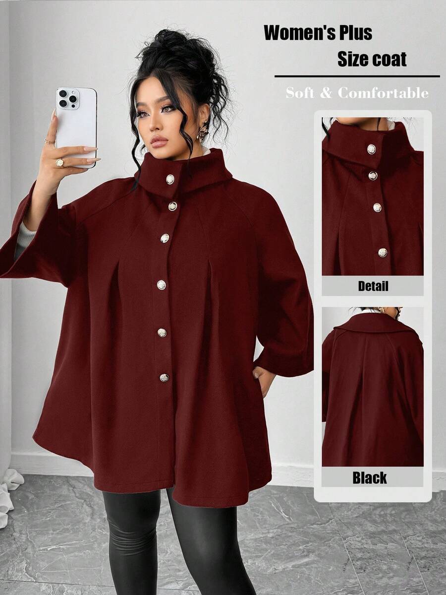 SHEIN Tall CURVE 优雅休闲的冬季大码女装羊毛面料 - 酒紅色 - 查看 1