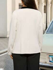 SHEIN LUNE Plus Size Women's Autumn Color Block Long Sleeve Single-Breasted Elegant Jacket/Winter Tweed Jacket Women Jacket Suit For Women Blazer Jacket For Women Professional Clothes Women Sets - Black and White - View 2