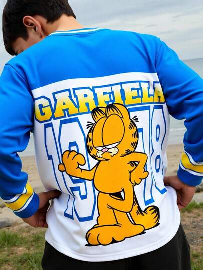 GARFIELD | SHEIN Tween Boy Number & Letter Graphic Colorblock Loose V-Neck Long Sleeve T-Shirt Letterman Jacket Graphic Sweatshirts