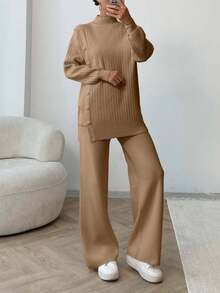 EURMUSE Women Solid Color Button Detailed Mock Neck Drop Shoulder Pullover & Sweater Pants Set,Petite,Winter Clothes - Unta - View 6