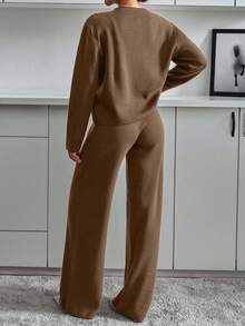 EURMUSE Women Button Front Cardigan And Sweater Pant 2pcs Set Co-Ords Two Pieces Set - Camel - View 2