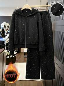 GlowEve Women's Fashion Casual Rhinestone Zipper Hoodie & Pants 2 Pieces Set, Zip-Up Loose Long Sleeve Jacket And Elastic Waist Straight Leg Sweatpants - Black - View 6