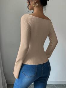 Elenzga 1 Áo len bó tay loe trễ vai cho nữ - Màu be - Xem 3