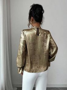 Elenzga Women's Elegant Commuter Gold Floral Lace Crew Neck Ruffle Pearl Button Decor Flare Sleeve Long Sleeve Slim Fit Blouse, Spring/Autumn - Gold - View 2