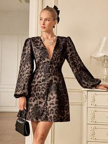 Aveloria Rosie Damska sukienka mini z nadrukiem w panterkę, dekoltem w serek i ściągaczem w talii, na imprezę, z seksownym zdobieniem na guziki, z długim rękawem typu latarnia, jesień/zima