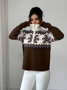 SHEIN Elenzya Suéter feminino elegante com zíper e estampa de blocos de cores Fair Isle, design natalino, outono/inverno - Castanho - Ver 5