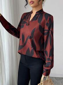 Elenzga 女式随机印花简约休闲长袖衬衫 - 摩卡棕 - 查看 4