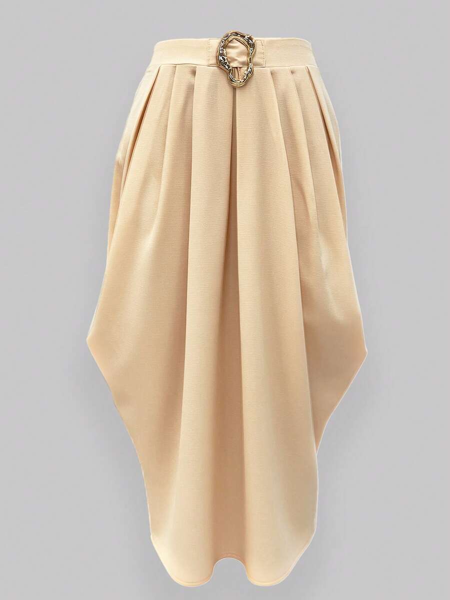 Selianne Women's Elegant Apricot Metal Buckle Decor Draped Slim Fit Skirt, Spring/Autumn - Apricot - View 1